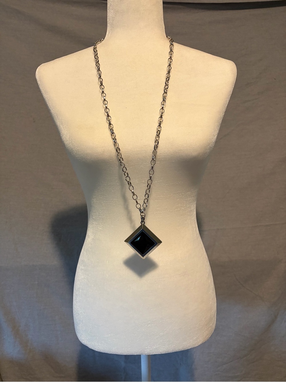 White House Black Market Silver-Tone Chain Necklace with Black Square Pendant